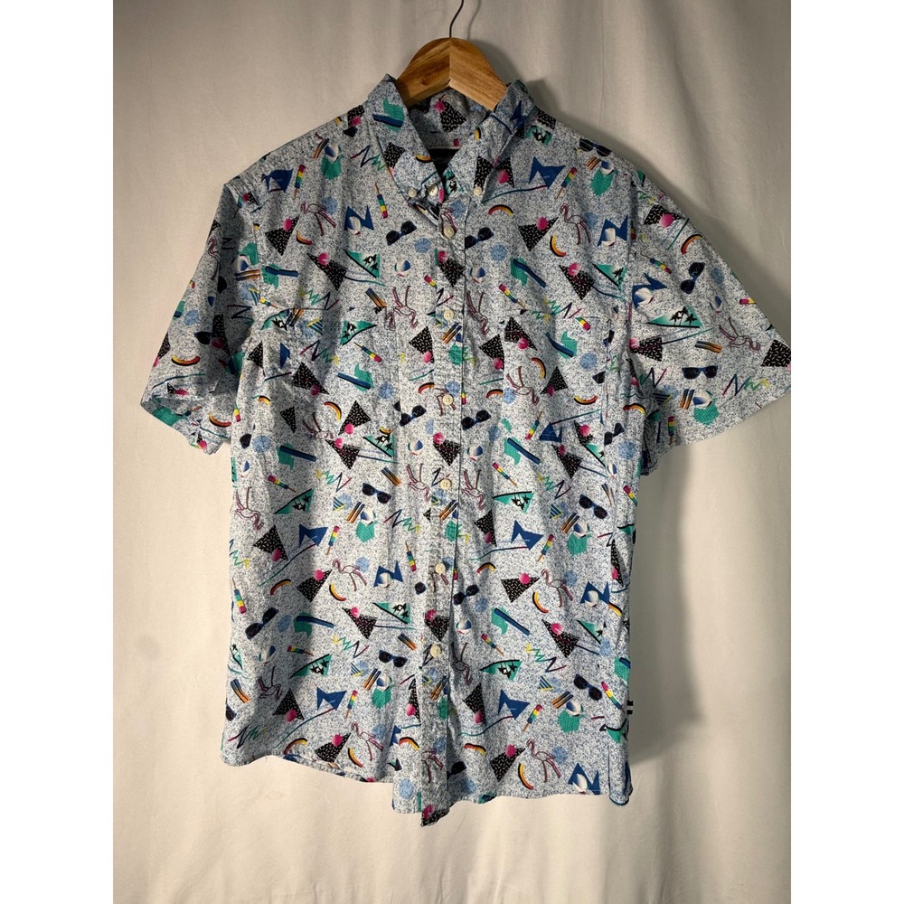 Edgar + Ash Mens XL Retro 80s Memphis Print Short Sleeve Button Down Shirt Blue